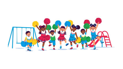 Cheerleaders' Playtime: A delightful illustration captures a group of young cheerleaders filled with energy and joy, dancing playfully around the playground. 