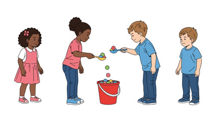 Diverse Child Interaction: A vibrant illustration showcasing a group of children engaged in a collaborative activity, illustrating concepts of sharing and play.