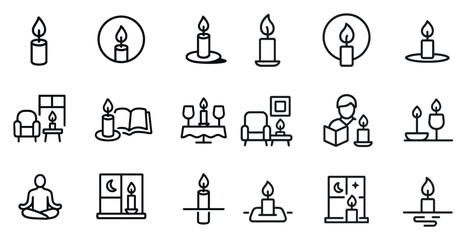 Candle lighting outline icons set &ndash; silhouette, line art, meditation and relaxation