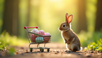 Adorable brown bunny on a sunlit forest path joyfully pushing a tiny shopping cart filled with bright Easter eggs in warm spring light.