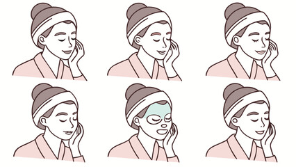 Six panel illustration of a skincare routine: gentle face touch, relaxation, facial mask application, and refreshed skin each step shown with closed eyes and sparkles to emphasize calm and cleanliness
