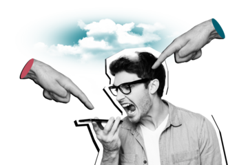 Composite photo collage of angry man hold iphone device scream telemarketing customer cyberbully hand finger isolated on painted background