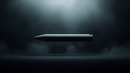 Sleek projectile mid-flight, dark background. Sharp tip, aerodynamic form. An object symbolizing technology and speed in a dramatic presentation.
