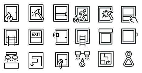 Emergency exit icons set &ndash; linear, outline, safety and evacuation symbols