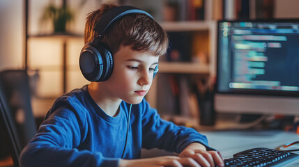Focused young coder immerses himself in programming with headphones on, learning new skills and exploring technology at his desk in a cozy room
