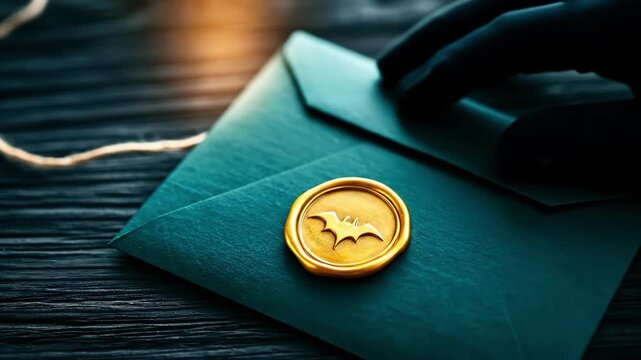 Dark teal envelope with golden wax seal and bat for Halloween party invitation. Spooky mail for holiday celebration. All Hallows Eve, Samhain