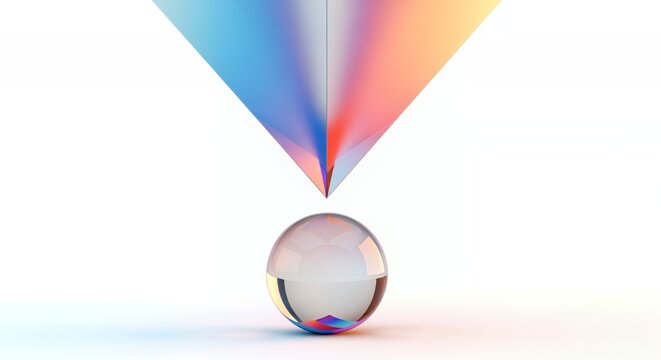 A clear sphere with a rainbow colored line coming out of it, Floating pyramid and sphere with gradient reflections, futuristic surreal geometry - Powered by Adobe