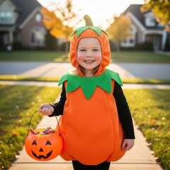 Smiling Child in Pumpkin Costume Holding Candy Bucket on Halloween Night