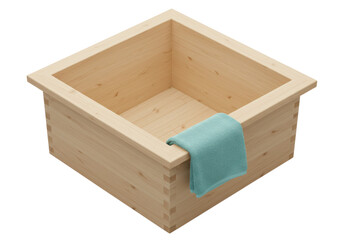 Isolated wooden box for accessories, with dovetail joints and light-blue cloth hanging over