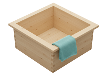 Isolated wooden box for accessories, with dovetail joints and light-blue cloth hanging over