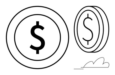 Dollar coin with bold dollar sign alongside smaller perspective coin, highlighting finance, revenue, savings, investment, wealth, prosperity, and money management. Ideal for finance concepts simple