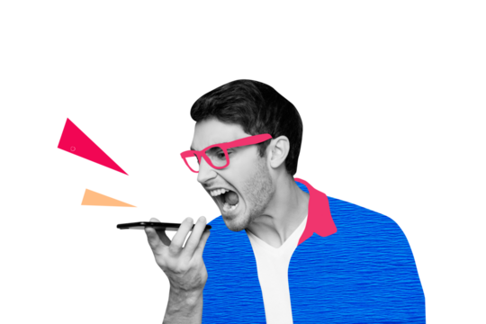 Composite photo collage of angry businessman scream phone device work reprimand call center problem fail isolated on painted background