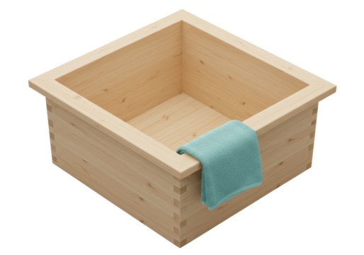 Isolated wooden box for accessories, with dovetail joints and light-blue cloth hanging over
