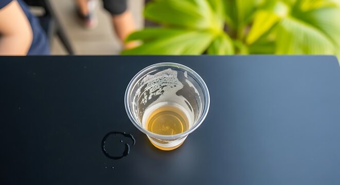 Close-up of a nearly empty beer glass with a spill ring on a dark table, highlighting condensation and remnants of a beverage