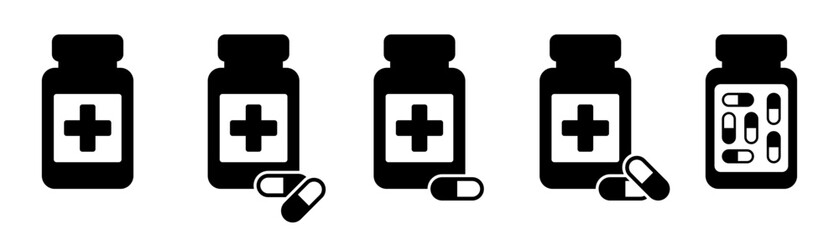 Medicine Bottle and Pills Icon Set – Pharmacy, Healthcare, and Medication Vector Illustration