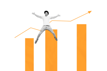 Composite artwork collage image picture of mini guy jump graphics arrow isolated on creative background