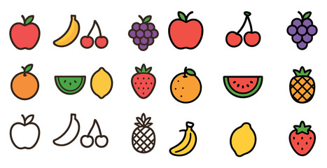 Fresh fruit icons set – outline, line, food and nutrition symbols