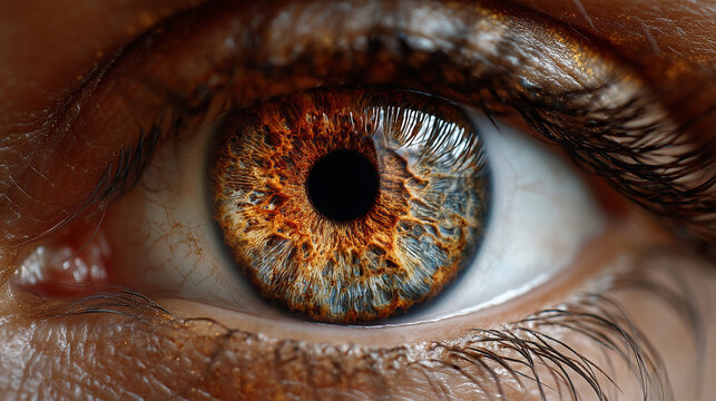 Extreme close-up of a human eye showing intricate iris texture, warm brown and amber tones, detailed eyelashes and skin, highlighting natural pattern and rich color variation.