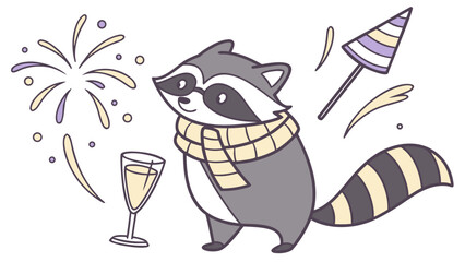 Vector illustration of a Curious Raccoon with with a scarf, styled in a New Year's Eve/Day theme using New Beginnings colors