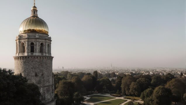 Golden Dome of Sather Tower at UC Berkeley with Cityscape.