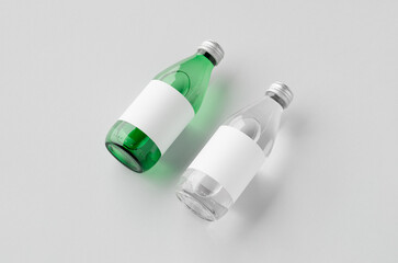 Water bottle mockup, green and clear glass, blank label