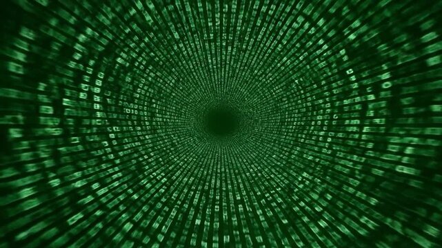 Digital Tunnel of Green Binary Code Exploring Depth, Movement, and Innovation in Technology and Data Visualization for Futuristic Experience in Cyber Space
