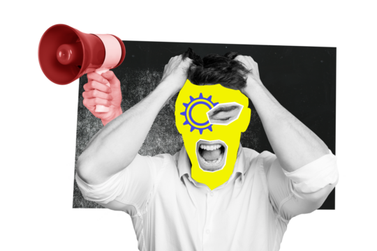 Composite photo collage of tired angry man scream eyeball element mouth hand hold megaphone promote news fake isolated on painted background