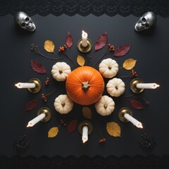 Flat Lay of Pumpkins, Candles, and Skulls on Black Background for Halloween Decoration
