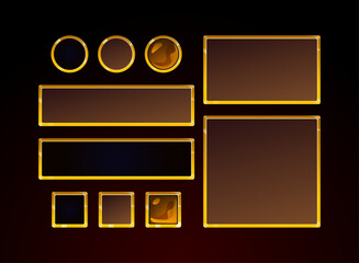 Golden fantasy UI frame elements set, elegant game interface boxes with glowing borders and luxury RPG layout design for menu, panel, or button.