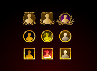 Fantasy golden profile icons set, elegant RPG avatar frames with ornate decorations and glowing gold borders, character UI interface design.