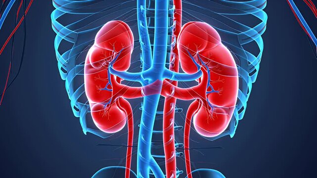 Detailed three-dimensional medical illustration showing human kidneys, major arteries, and urinary tract system