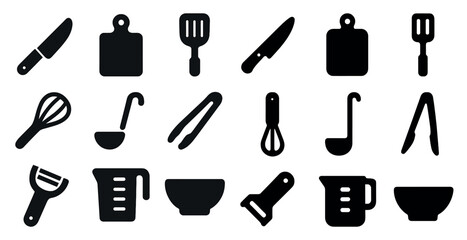 Obraz premium Kitchen tools solid icons set – filled, culinary, cooking essentials