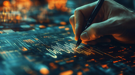 Intricate financial analysis being conducted with modern technology, creating a dynamic and professional scene for innovative business strategies and investment insights