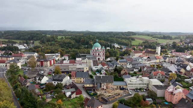 Aerial Church Saint Lawrence Jablonne Czechia circle 1. Czech Republic 18th century. Buildings of Baroque architecture in Central Europe. Historic town center. Near German and Polish borders.