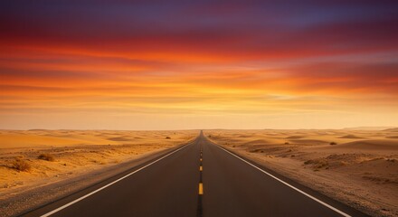 Fototapeta premium Road through desert under warm orange to red gradient sky