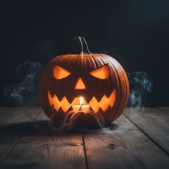 Glowing Jack-o'-Lantern with Smoke Rising from Mouth on Dark Wooden Surface