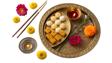 Traditional Indian pooja thali with diya, sweets, incense sticks, and flowers, gold metal texture, top view composition