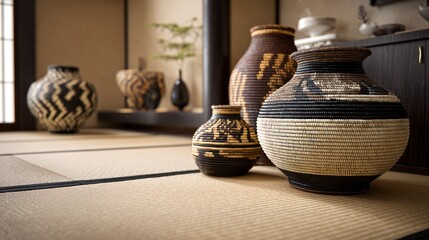 Japanese tatami flooring accented with African woven baskets