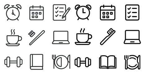 Daily routine outline icons set – minimalist, linear, lifestyle and productivity symbols