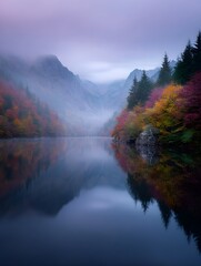 A serene mountain lake shrouded in fog at dawn with vibrant colors reflecting on its still misty surface