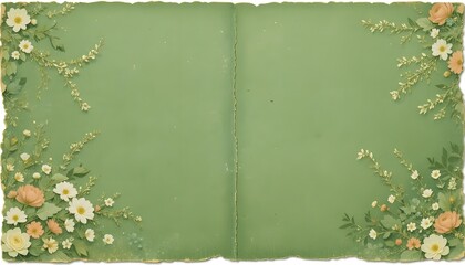 Piece of old vintage green paper with floral print, torn page from retro children's magazine