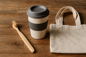 eco friendly reusable items bamboo toothbrush metal straw and cup sustainable living lifestyle concept