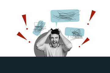 Composite photo collage of angry scream man tear hair receive bullying message depression mood hate...
