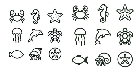 Obraz premium Marine life outline icons set – elegant, aquatic, sea creature graphics