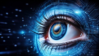 an eye looking up at the cyberspace sky on black background