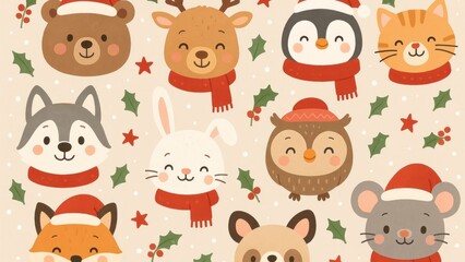 Obraz premium Cute festive animal faces illustration.