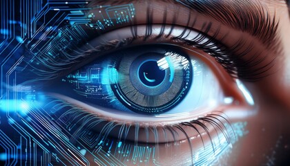 an digital rendered eye looking at the side with digital cyberspace elements