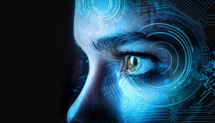 an eye looking at the side with digital cybernetic elements on black background