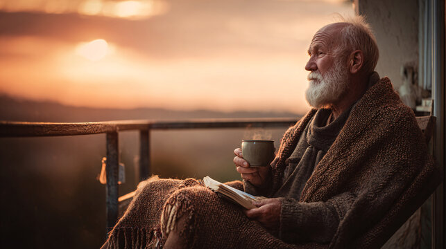 Thoughtful senior man enjoying coffee and a book on his porch at sunset, wrapped in a cozy blanket, creating peaceful memories with golden light