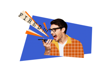 Composite photo collage of angry man scream phone rebuke boss fired unemployment problem dismissal isolated on painted background